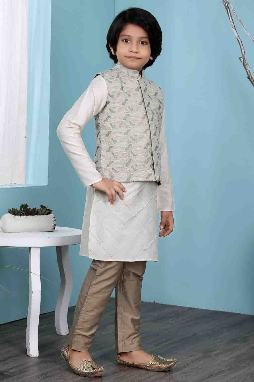 Cream and Beige Cotton Silk Kurta PajamaWith Jacket NCBW10710721