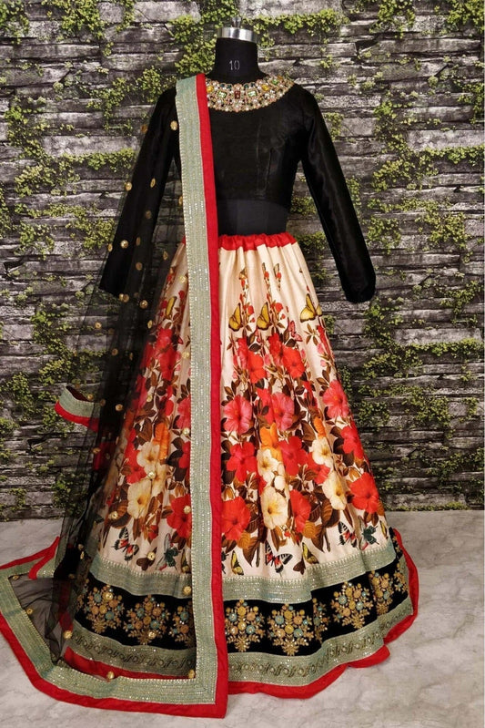 Cream and Black Art Silk Lehenga Choli NCLC10110247