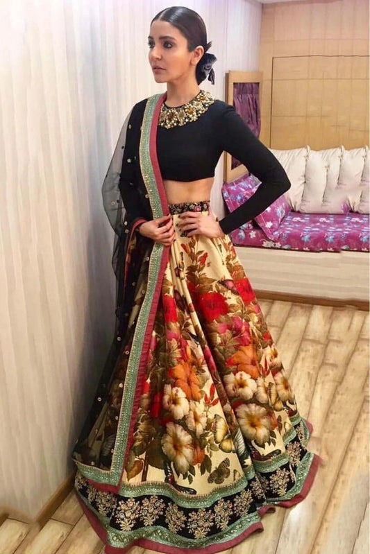 Cream and Black Art Silk Lehenga Choli NCLC10110247