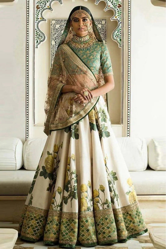 Cream and Green Art Silk and Banglori Silk Lehenga Choli NCLC10110244
