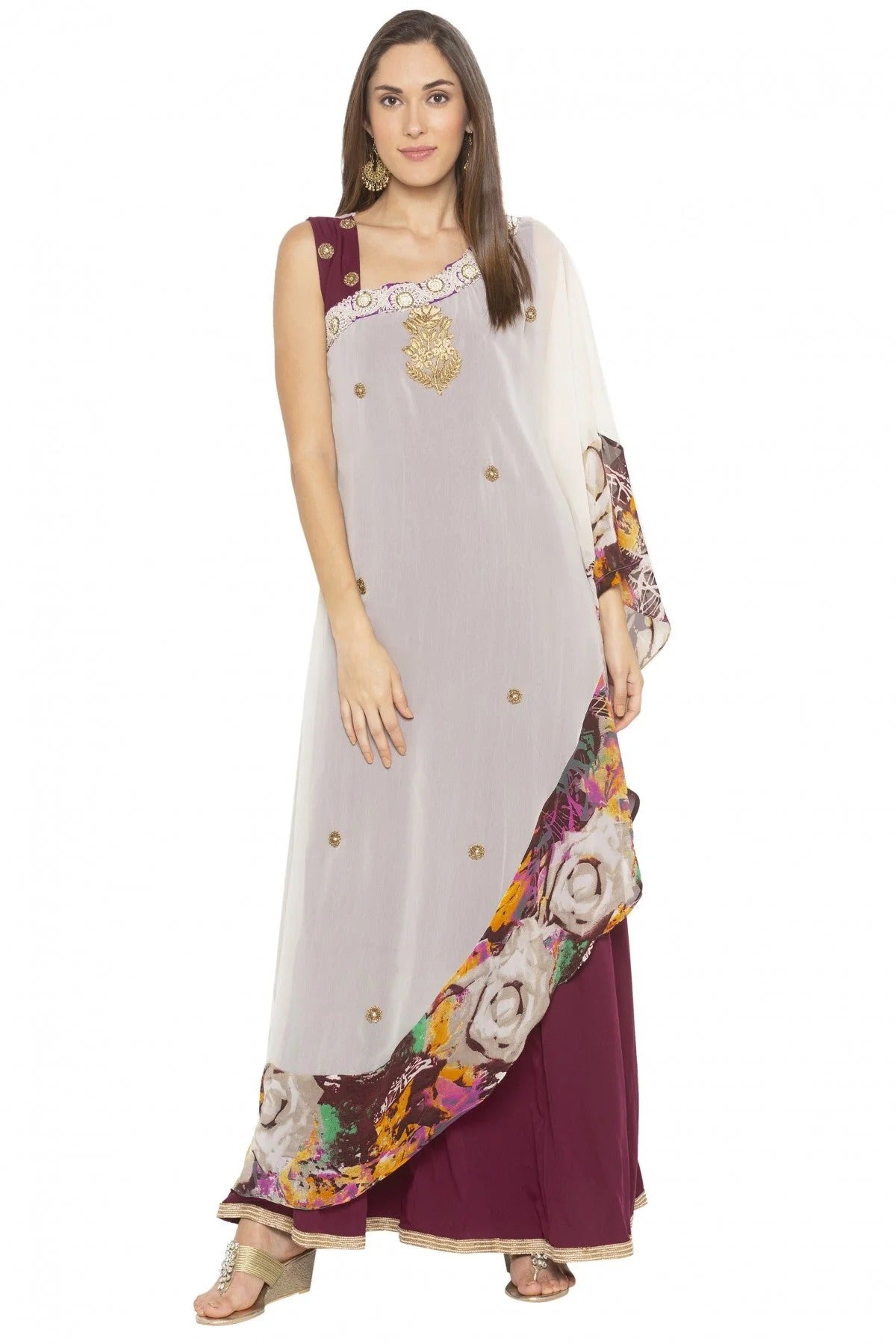 Cream and Maroon Plus Size Georgette Embroidery Kurti NCKR10710137