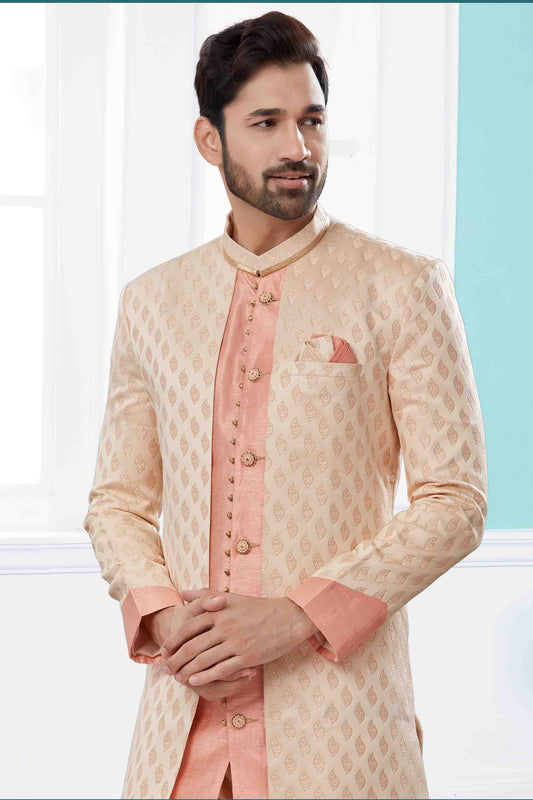 Cream and Pink Indo Western In Banarasi Jacquard NCSH10410523