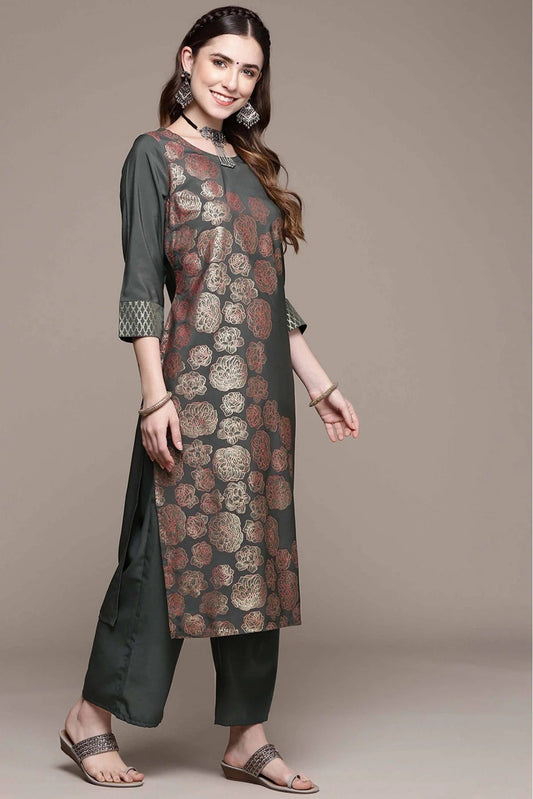 Dark Grey Crepe Foil Print Kurta With Palazzo NCKR10610112