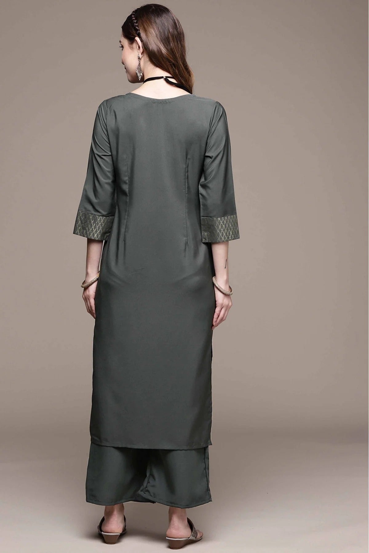 Dark Grey Crepe Foil Print Kurta With Palazzo NCKR10610112