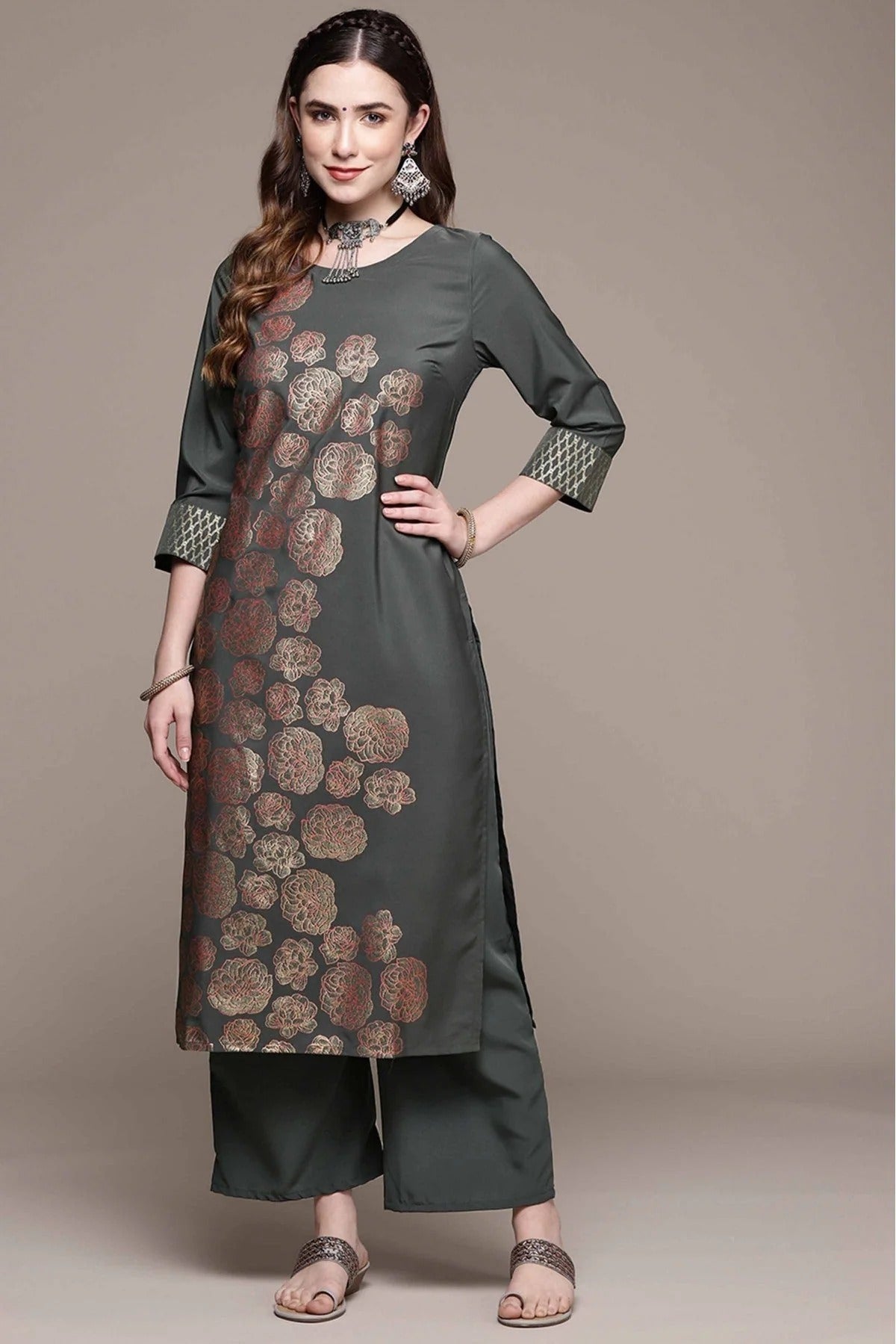 Dark Grey Crepe Foil Print Kurta With Palazzo NCKR10610112