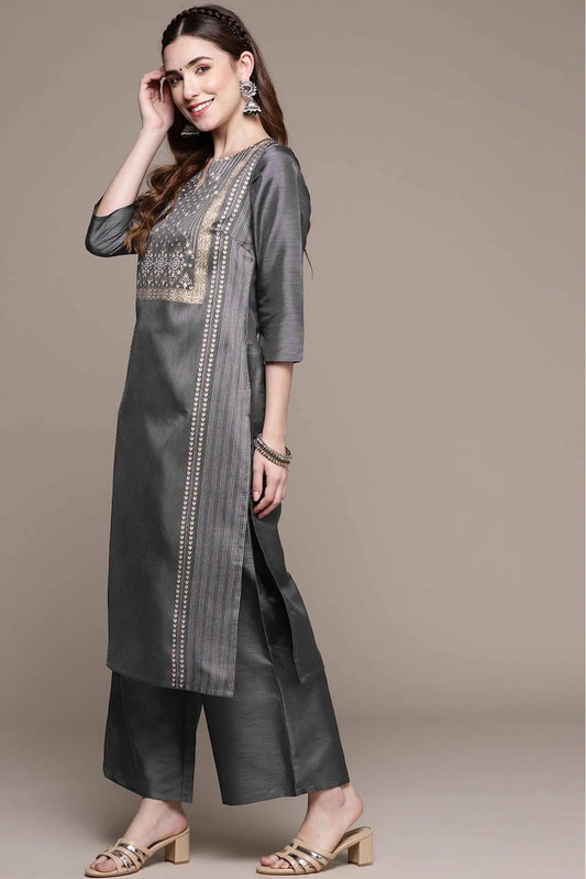 Dark Grey Poly Silk Foil Print Kurta With Palazzo NCKR10610116