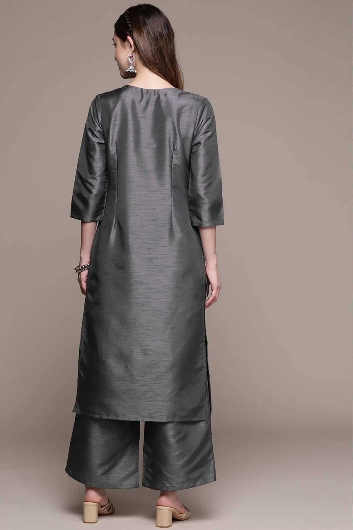 Dark Grey Poly Silk Foil Print Kurta With Palazzo NCKR10610116