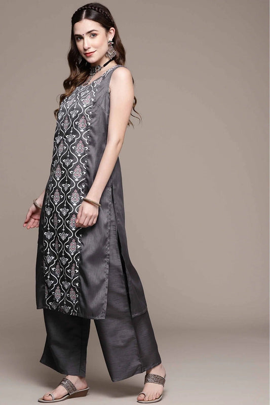 Dark Grey Poly Silk Printed Kurta With Palazzo NCKR10610114