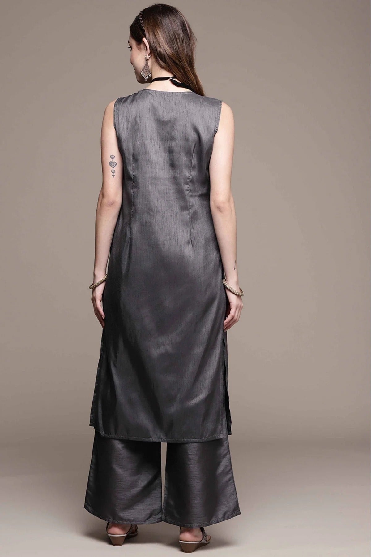 Dark Grey Poly Silk Printed Kurta With Palazzo NCKR10610114