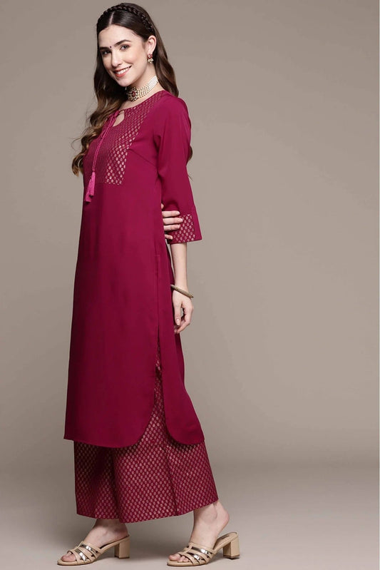 Dark Pink Crepe Foil Print Kurta With Palazzo NCKR10610111