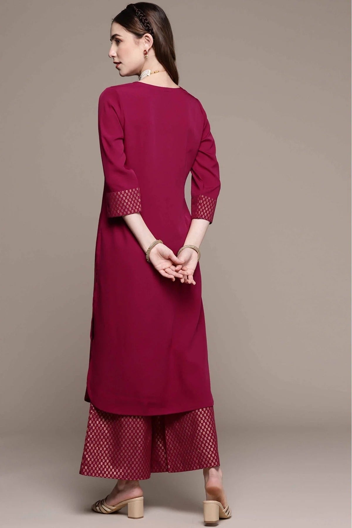 Dark Pink Crepe Foil Print Kurta With Palazzo NCKR10610111