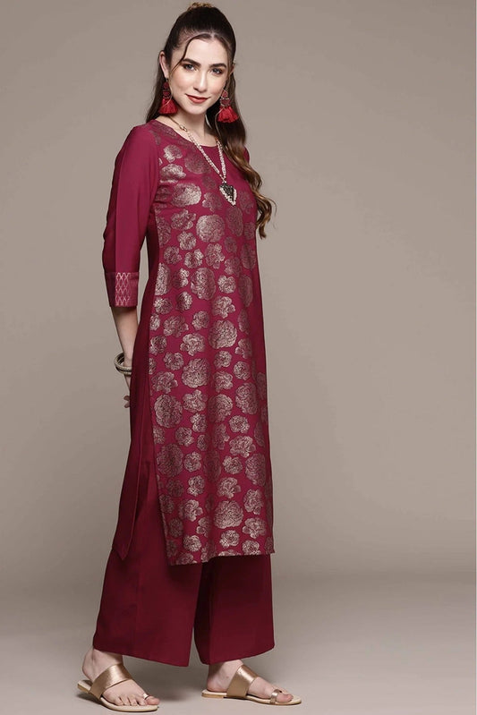 Dark Pink Crepe Foil Print Kurta With Palazzo NCKR10610113