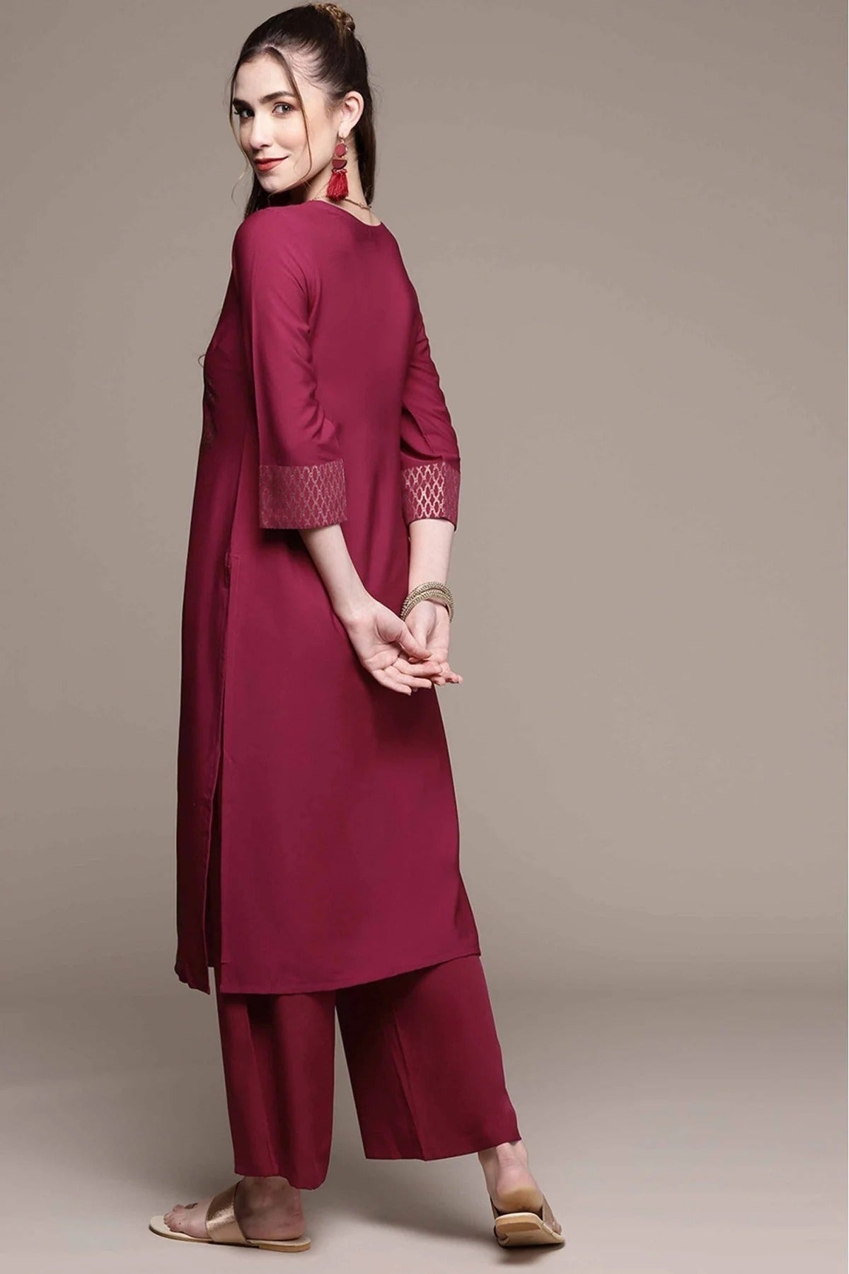 Dark Pink Crepe Foil Print Kurta With Palazzo NCKR10610113