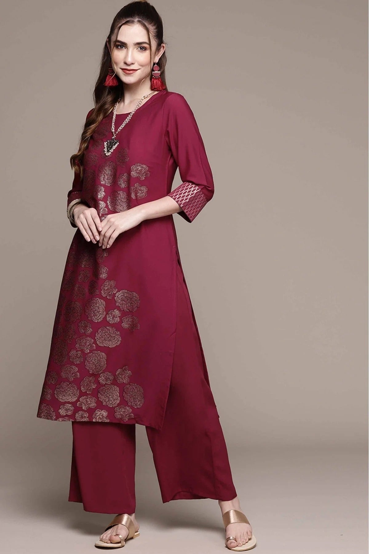 Dark Pink Crepe Foil Print Kurta With Palazzo NCKR10610113