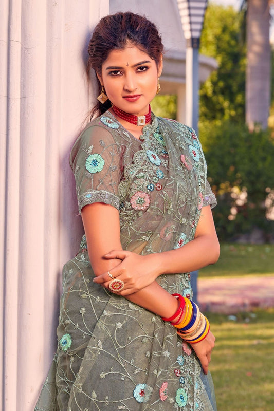 Dusty Green Net Designer Saree NCLC11210450