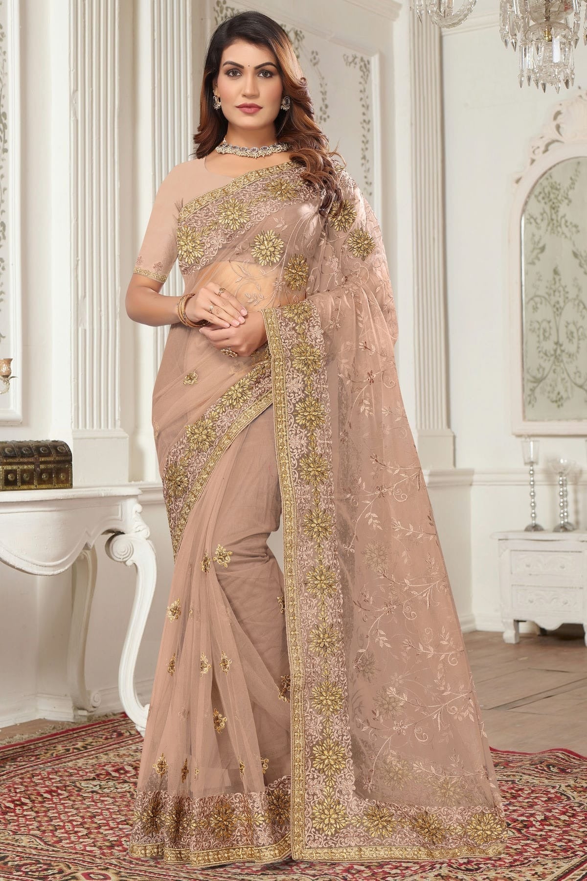 Dusty Peach Net Designer Saree NCSD10910206