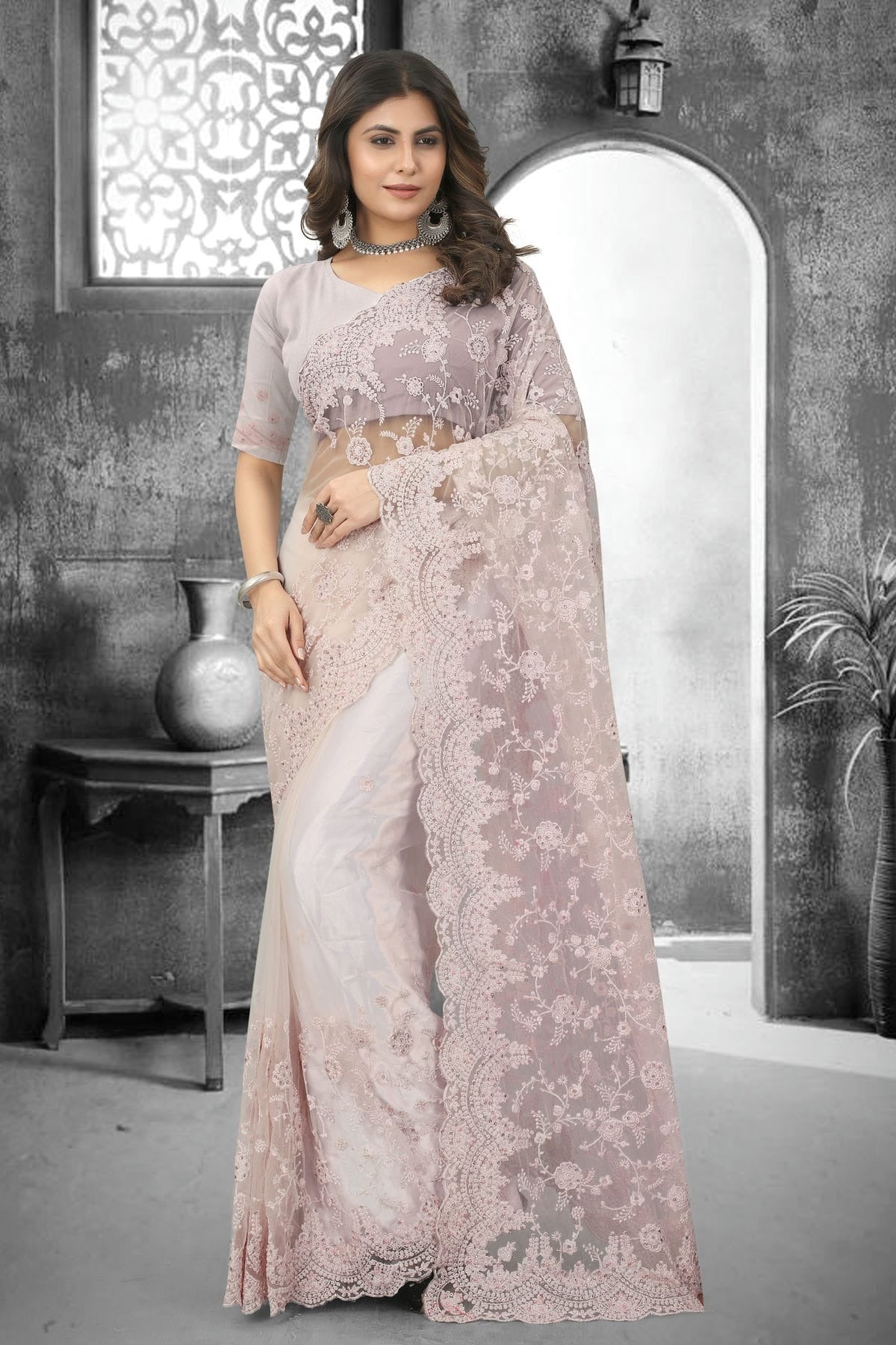 Dusty Peach Net Saree NCSD10910366