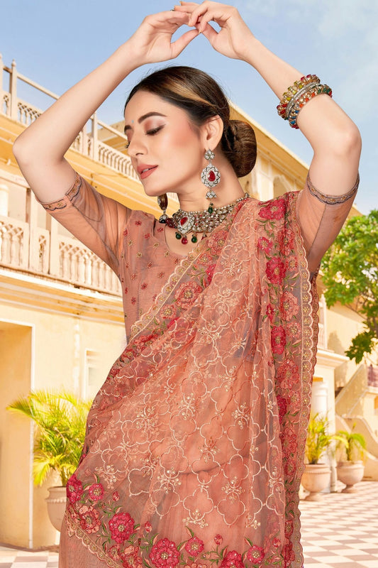 Dusty Peach Net Saree NCSD10910427