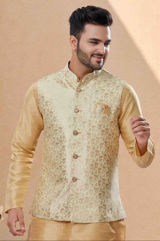 Gold Kurta PajamaWith Jacket In Silk Dupion  NCKP10410747