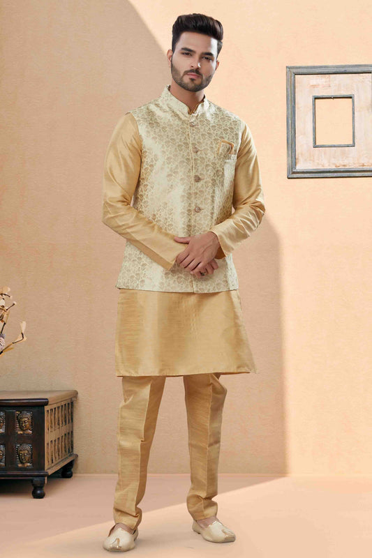 Gold Kurta PajamaWith Jacket In Silk Dupion NCKP10410747