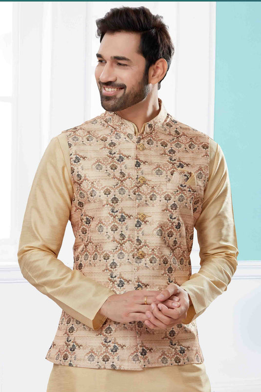 Gold and Cream Kurta PajamaWith Jacket In Silk Dupion  NCKP10410743
