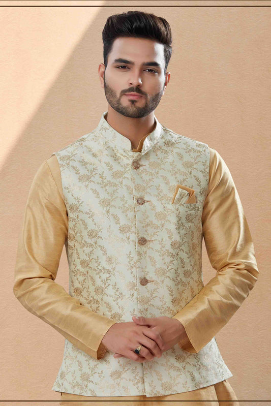 Gold and Cream Kurta PajamaWith Jacket In Silk Dupion  NCKP10410746