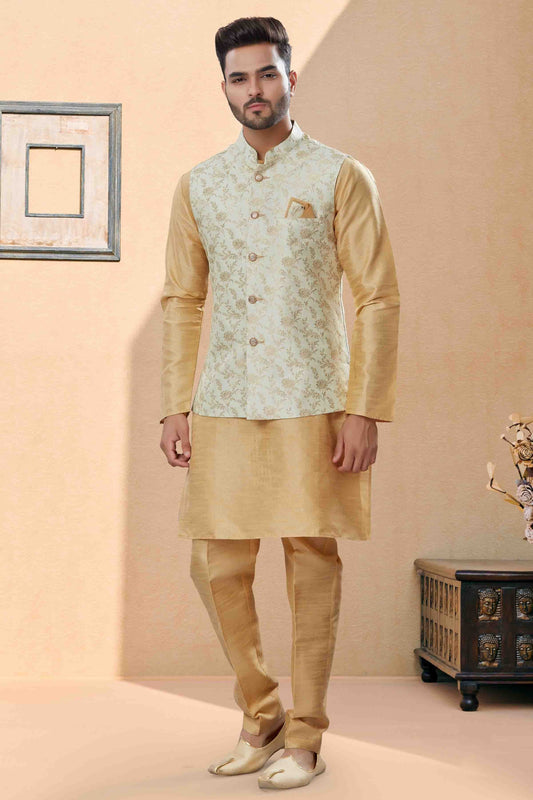 Gold and Cream Kurta PajamaWith Jacket In Silk Dupion NCKP10410746