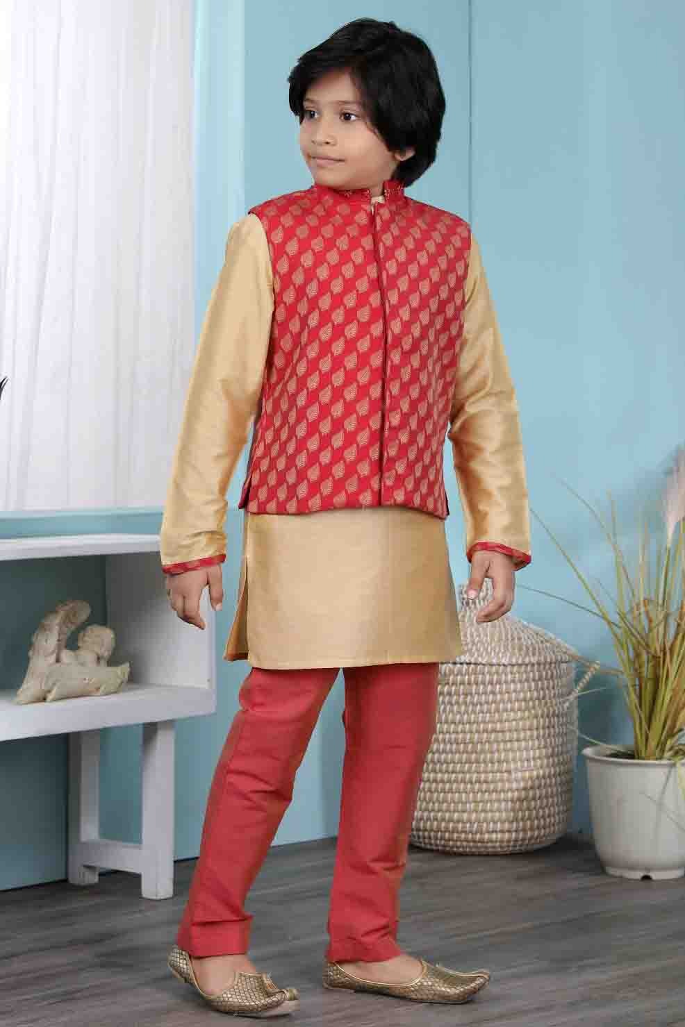 Gold and Red Cotton Silk Kurta PajamaWith Jacket NCBW10710702