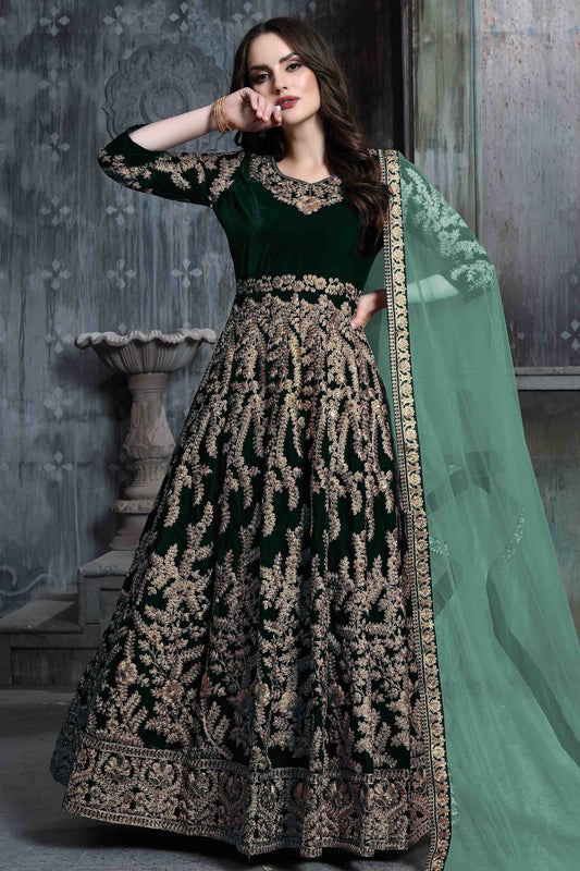 Green 9000 Velvet Semi Stitched Anarkali Suit NCSM10510376
