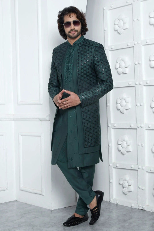 Green Art Silk Indowestern Sherwan With Aligadhi Pant NCSH12310358