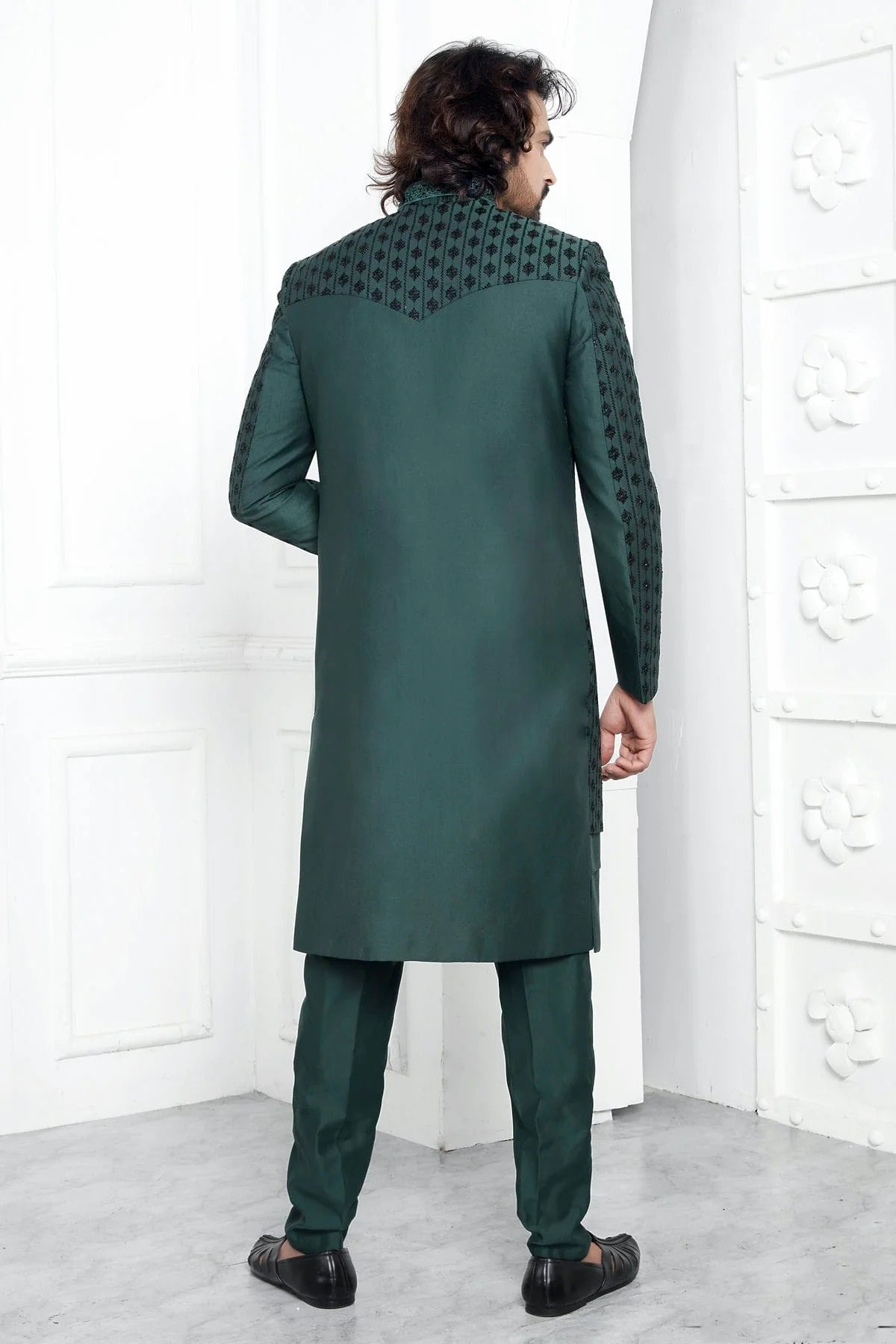 Green Art Silk Indowestern Sherwan With Aligadhi Pant NCSH12310358