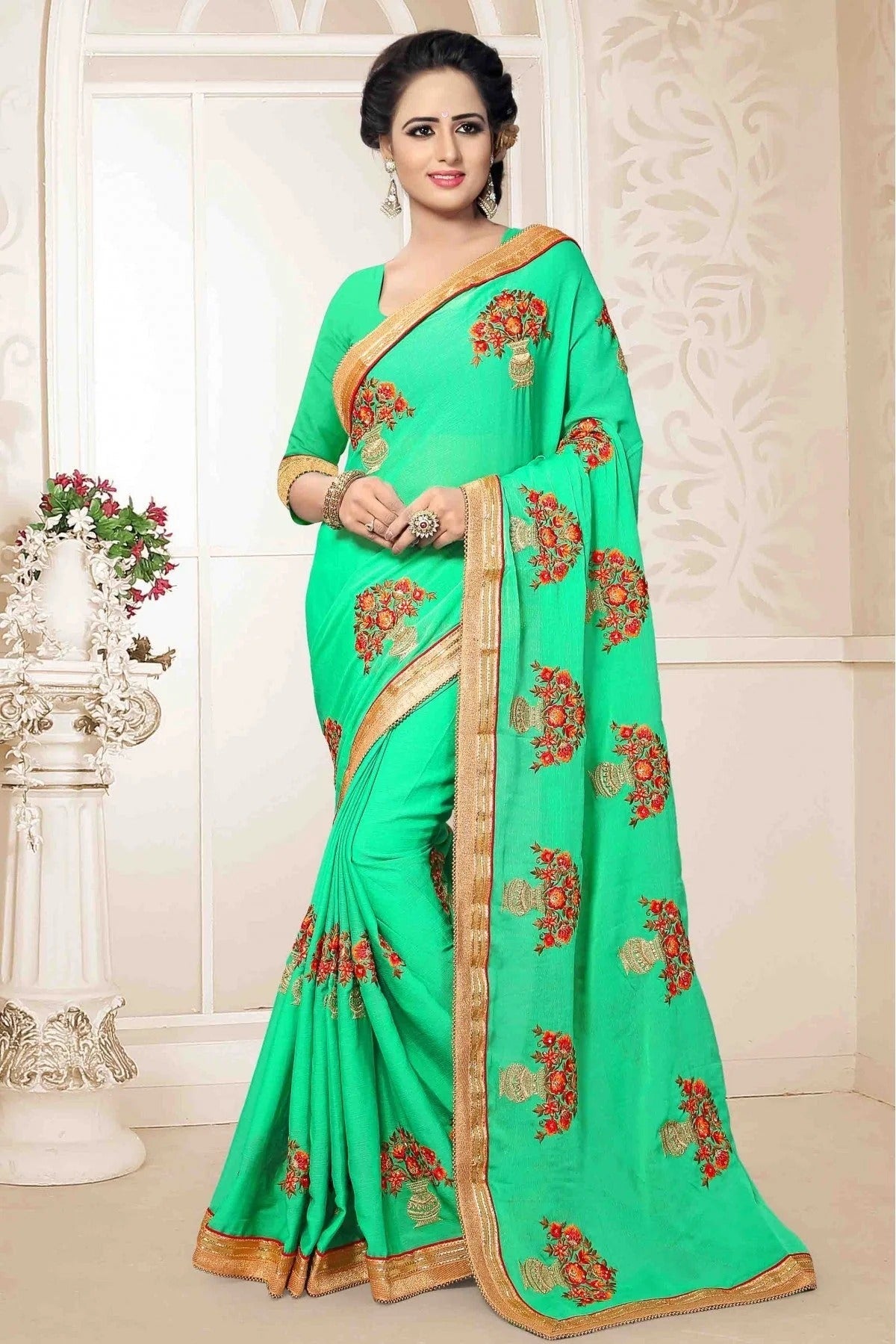 Green Chiffon Embroidery Saree NCSD11210514