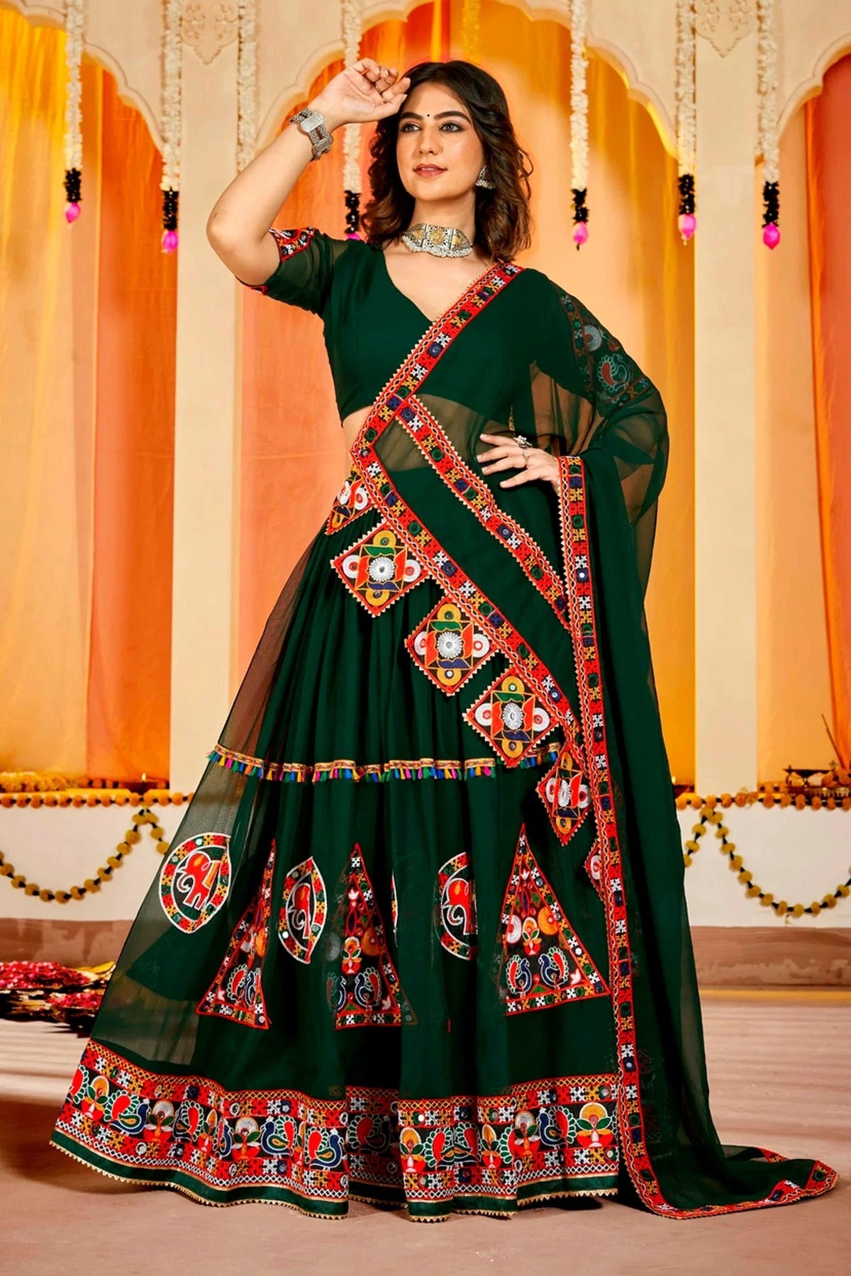 Green Embroidery Georgette Navratri Lehenga NCLD11710184