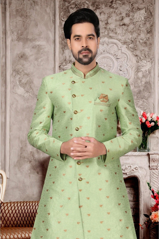 Green Jacquard Dhoti Sherwani NCSH10410388
