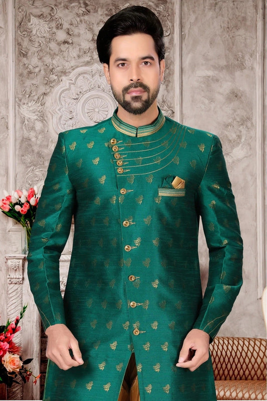 Green Jacquard Dhoti Sherwani NCSH10410401