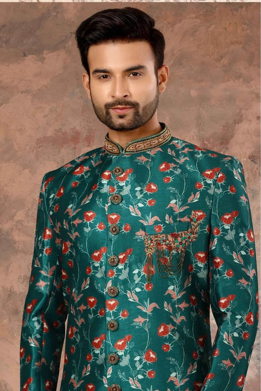 Green Jacquard Digital Print Sherwani NCSH10410417