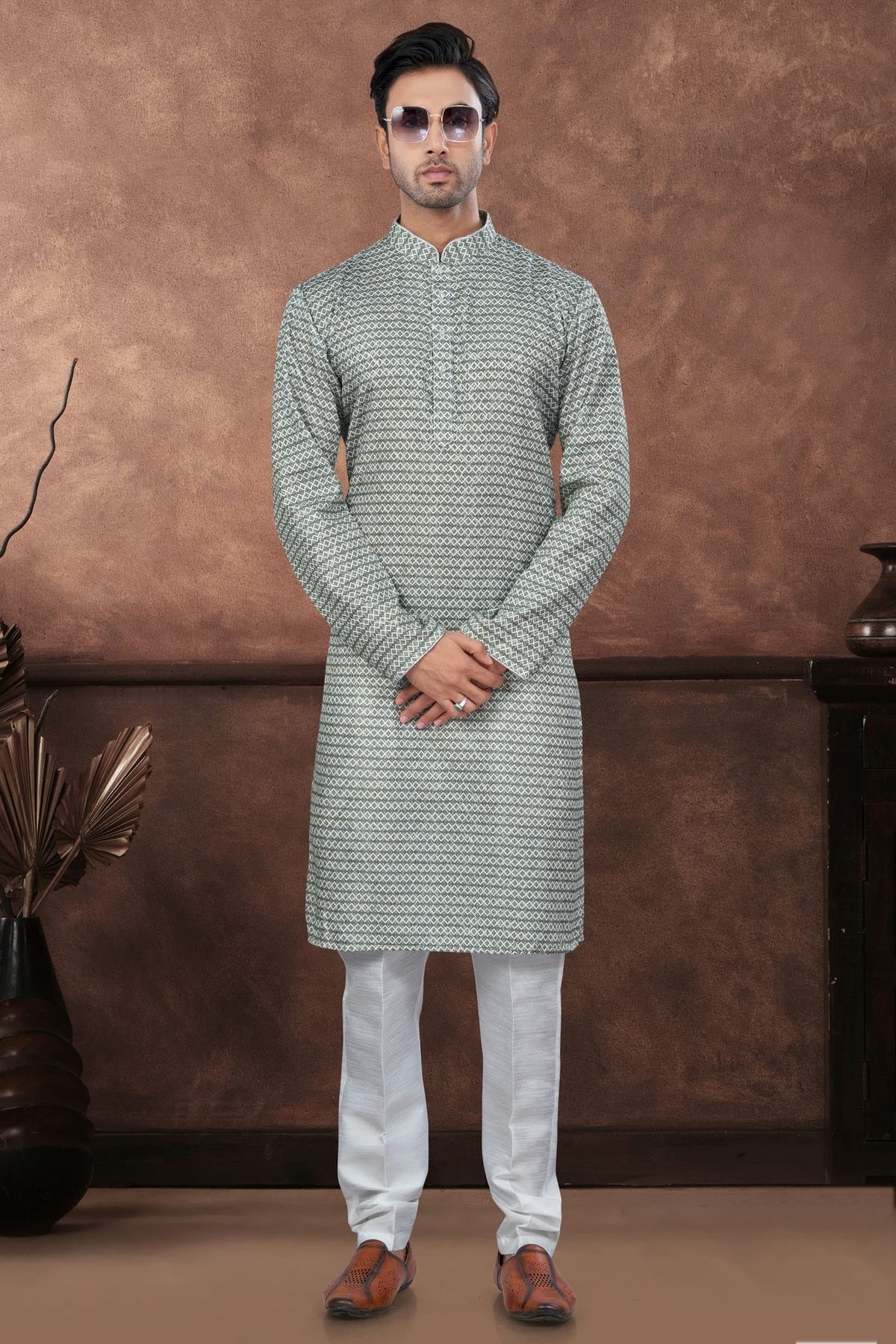 Green Jacquard Kurta Pajama NCKP10410123