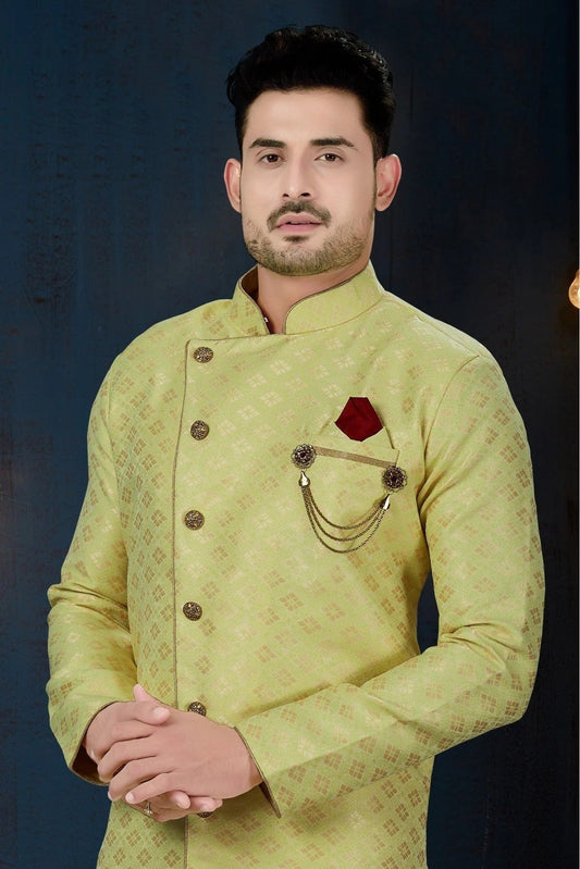 Green Jacquard Party Wear Dhoti Sherwani NCSH10410330