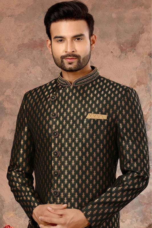 Green Jacquard Woven Sherwani NCSH10410423