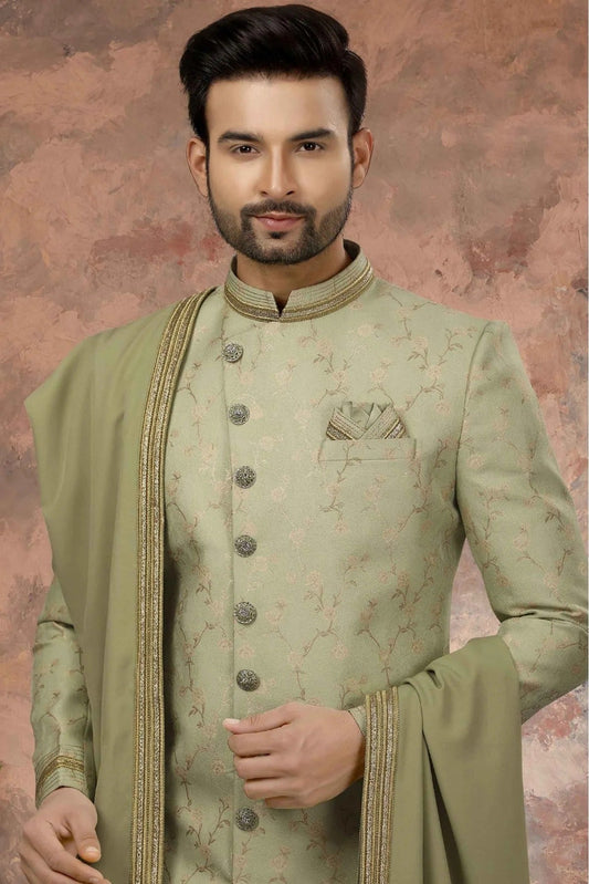 Green Jacquard Zari Sherwani NCSH10410421