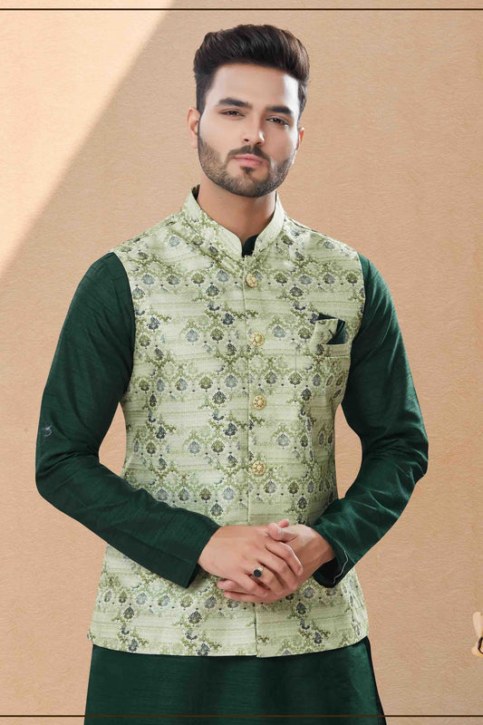 Green Kurta PajamaWith Jacket In Silk Dupion  NCKP10410750