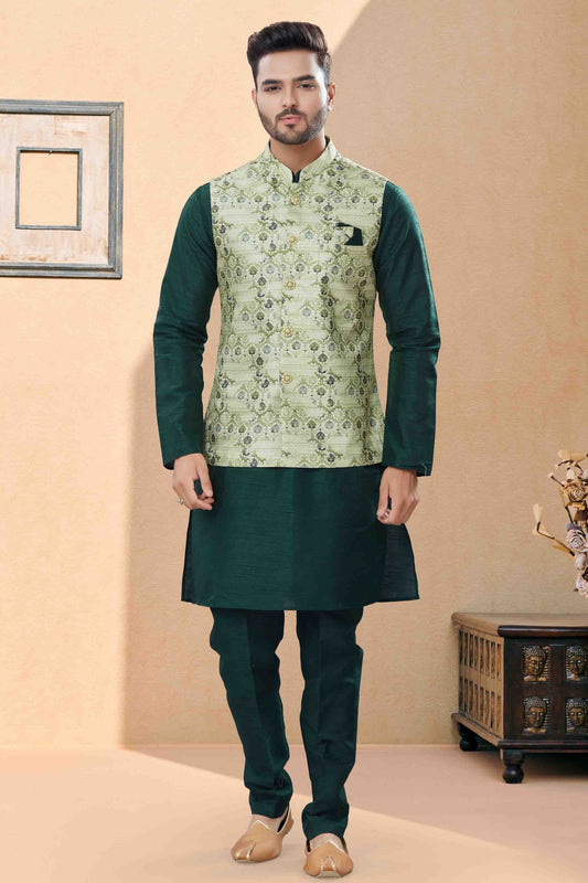 Green Kurta PajamaWith Jacket In Silk Dupion NCKP10410750