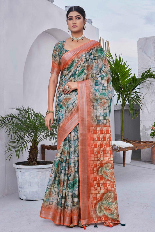 Green Linen Blend Printed Saree NCSD11111880