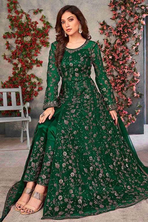 Green Net Semi Stitched Pant Style Suit NCSM10510385