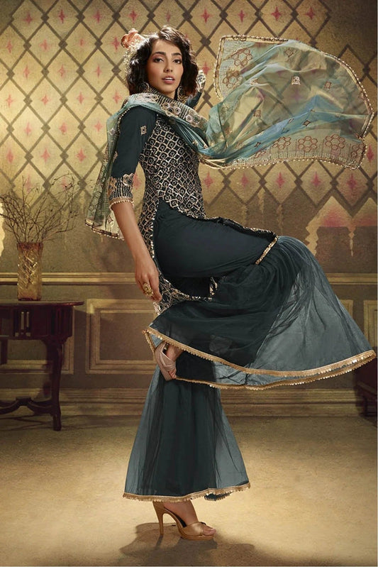 Green Net Sequins Sharara Suit NCSM10810360