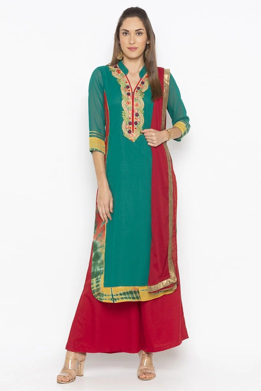 Green Plus Size Georgette Embroidery Palazzo Pant Suit NCSS10710635