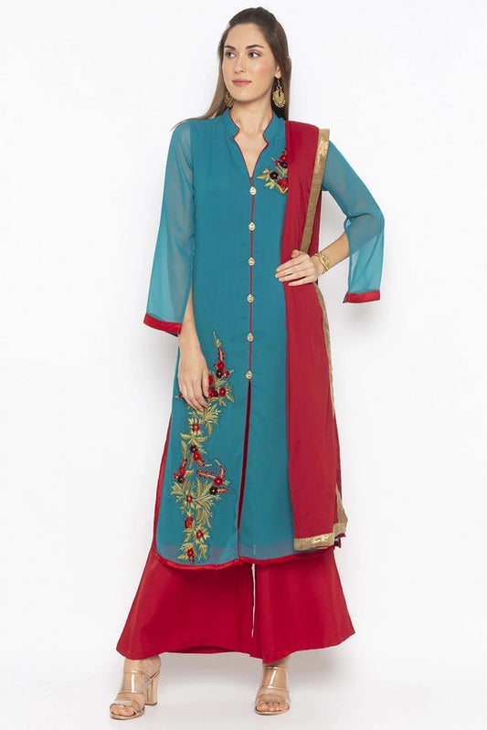 Green Plus Size Georgette Embroidery Palazzo Pant Suit NCSS10710642