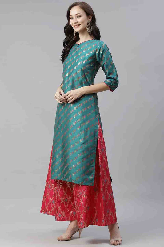 Green Plus Size Poly Silk Foil Print KurtiWith Palazzo Set  NCKR10610121