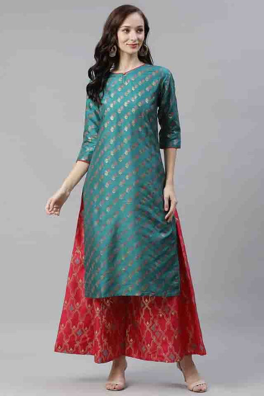 Green Plus Size Poly Silk Foil Print KurtiWith Palazzo Set NCKR10610121