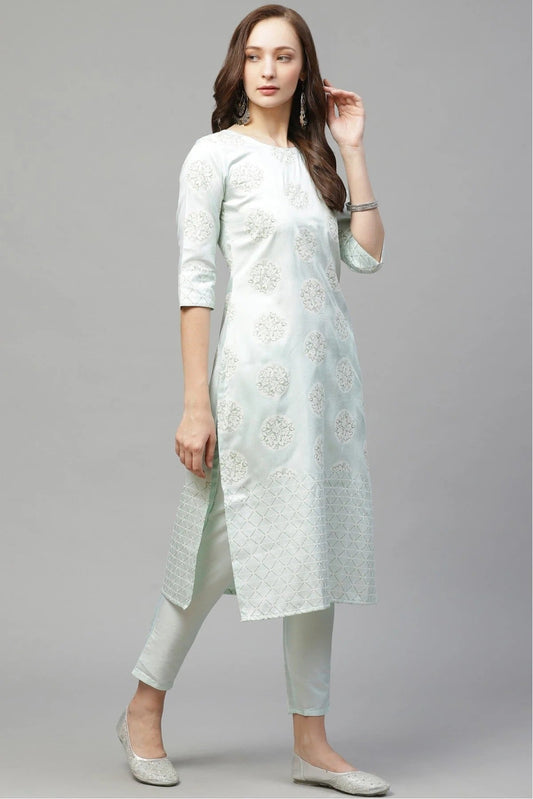 Green Plus Size Poly Silk Straight Kurta Pant Set NCKR10610150